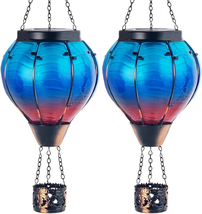 Starsoul 2 PC Blue Hot Air Balloon Solar Lantern Glass Solar Hot Air Balloon Flickering Flame Hanging Garden Light Waterproof Garden Yard Farmhouse Decor-VerdiqueGarden