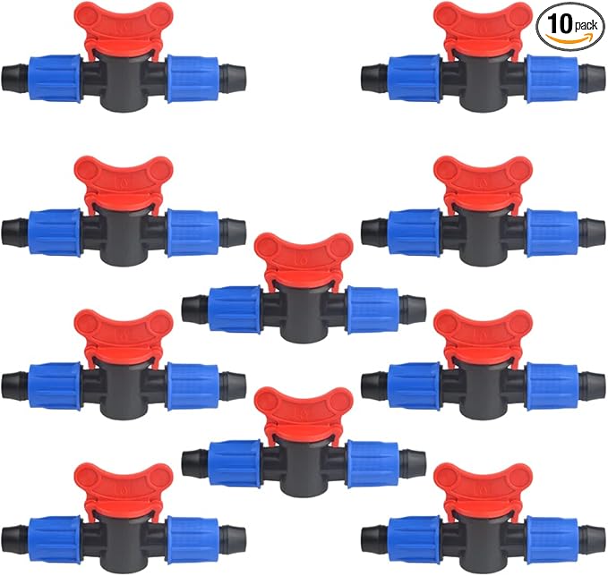 10Pack 1/2 Inch Drip Irrigation Shut-Off Valve Universal Drip Irrigation Tubing Coupling Valve Drip Connector Fitting Compatible with 16 to 17 mm Drip Tape Tubing Sprinkler System (Blue Red)-VerdiqueGarden
