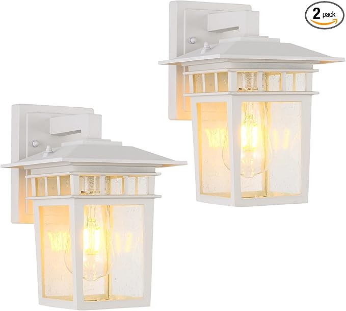 Outdoor Wall Lantern, Exterior Lighting Fixtures Wall Mount, 2 Pack White Outdoor Sconces with Seeded Glass, Exterior Porch/Patio Lights for House Front Door Garage-VerdiqueGarden