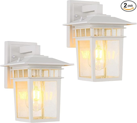 Outdoor Wall Lantern, Exterior Lighting Fixtures Wall Mount, 2 Pack White Outdoor Sconces with Seeded Glass, Exterior Porch/Patio Lights for House Front Door Garage-VerdiqueGarden