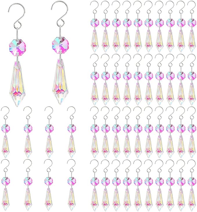 50pcs Colorful Crystal Icicle Prisms for Chandeliers, 38mm Chandelier Crystals Glass Prisms Pendants, Chandelier Crystals Replacement Parts with Octogan Beads for Wedding,Party Decoration-VerdiqueGarden