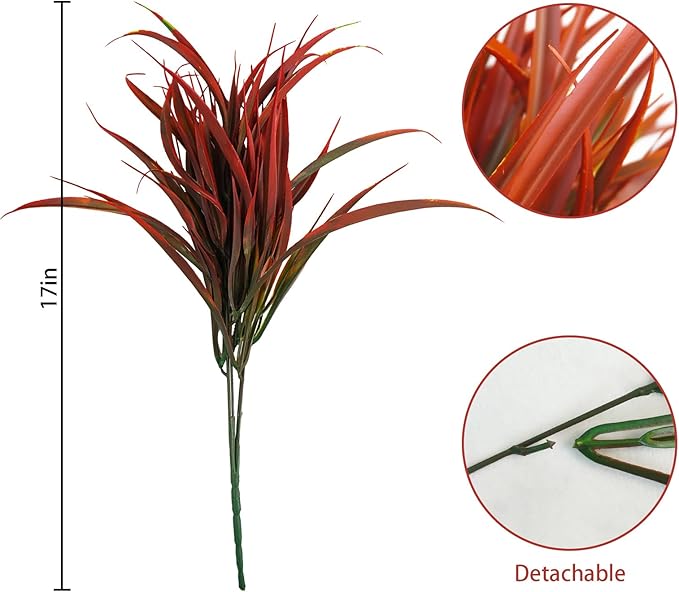 Uieke 6 Bundles Artificial Outdoor Plants UV Resistant Fake Grass Plants Faux Plastic Plants Greenery Shrubs for Home Garden Pathway Window Box Front Porch Cemetery Fall Decor, Autumn Red-VerdiqueGarden