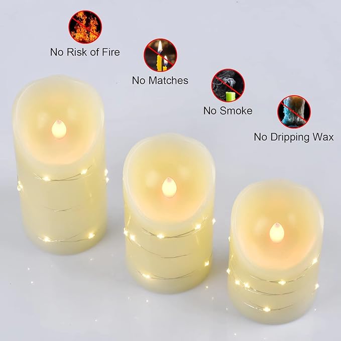 Flameless Flickering Candle, Pillar Candle,with Embedded String Lights,3 Pack LED Romantic Candle with Remote Control, Battery Operated Real Wax, Ideal for Wedding, Home decorand Holiday (Ivory)-VerdiqueGarden