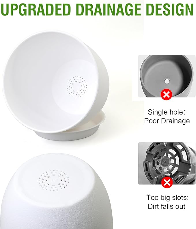 10/9/8 inch Medium Flower Pots, 3 Pack Modern Decorative Plastic Planters with Drainage Holes and Tray, Plant Pots for Indoor Outdoor Plants, White-VerdiqueGarden