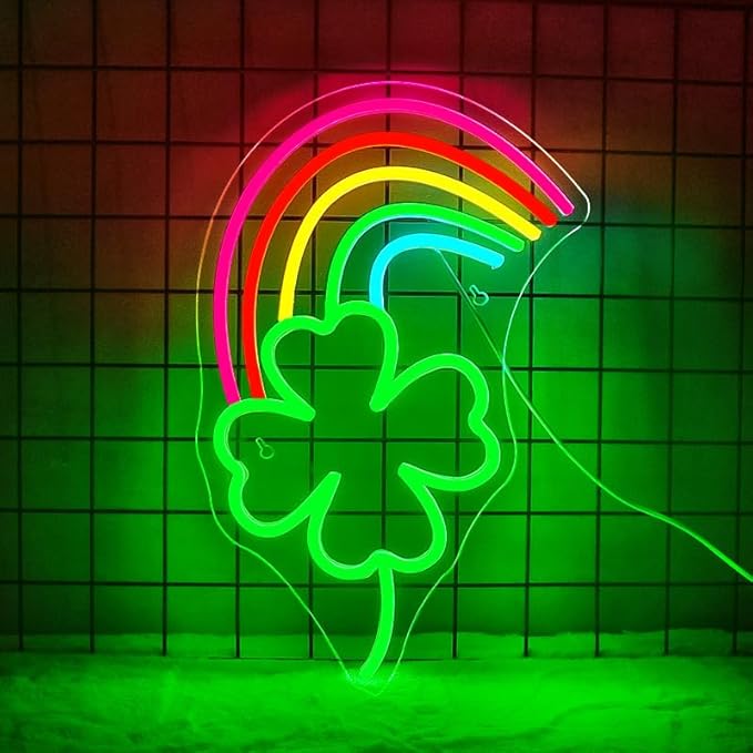 WLHOPE St Patricks Day Neon Sign St. Patrick's Day Neon Signs for Wall Decor Dimmable Rainbow Clover Light Up Sign for Bedroom Living Room Wall Art Happy St. Patrick's Day Decoration-VerdiqueGarden