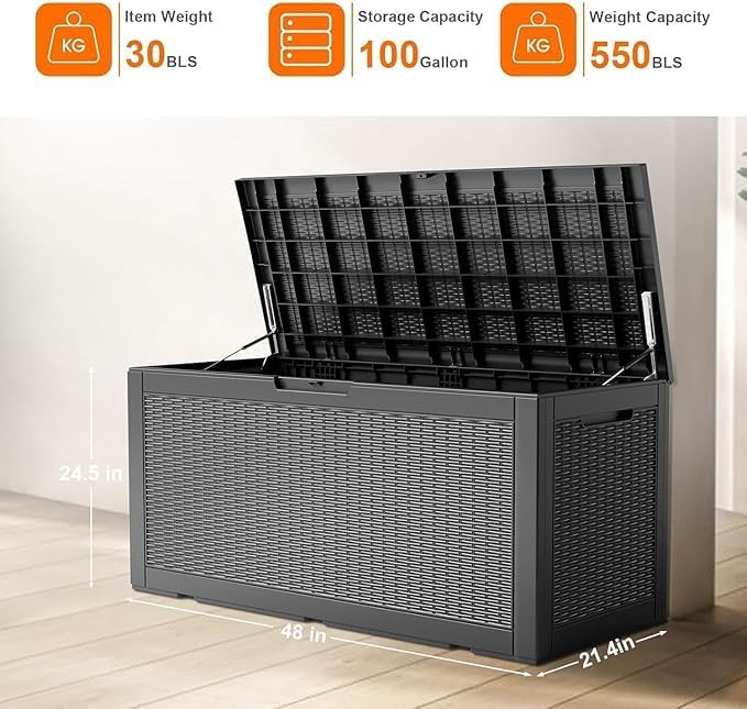100 Gallon Outdoor Storage Box – Waterproof Deck Box for Garden, Patio & Backyard,Black-VerdiqueGarden