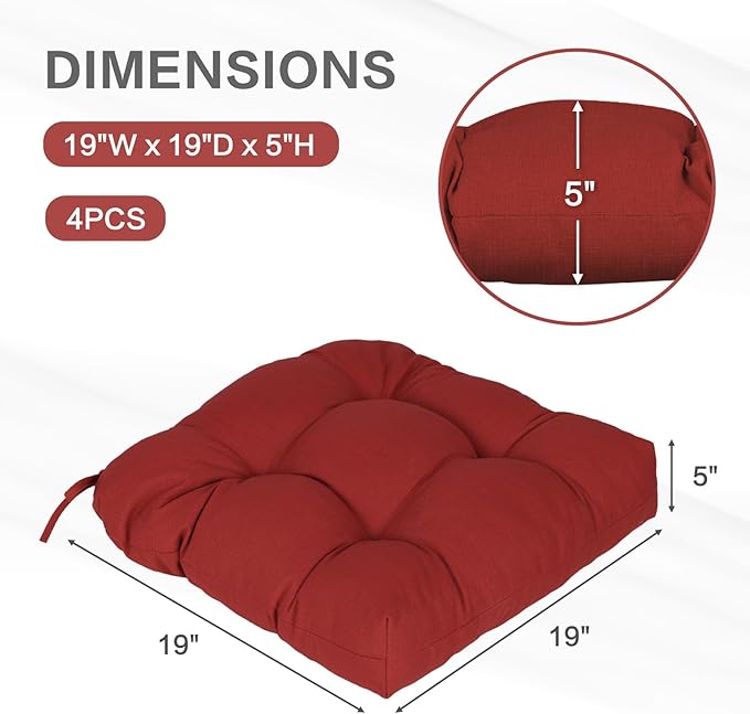 Aoodor 19" x 19" x 5" Tufted Outdoor Chair Cushions, Water Resistant & Fade Resistant Polyester Dining Chair Pads with 2 Straps for Patio Furniture, Set of 4-VerdiqueGarden