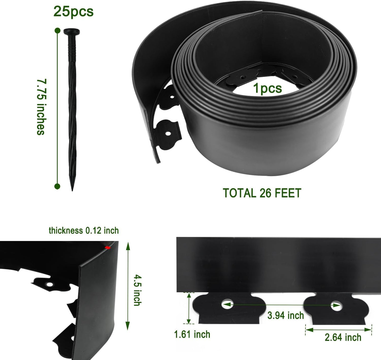 Hugeleaf 26 Feet Landscape Edging with 25pcs Spikes 4.5 Inch Tall Garden Edging for Landscaping, Garden, Flower Beds, Lawn (Black)-VerdiqueGarden