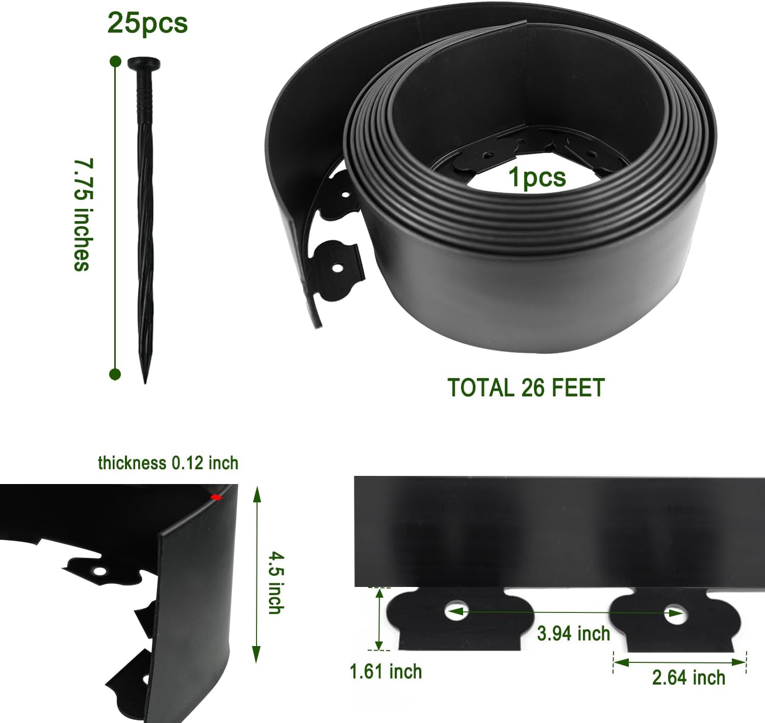 Hugeleaf 26 Feet Landscape Edging with 25pcs Spikes 4.5 Inch Tall Garden Edging for Landscaping, Garden, Flower Beds, Lawn (Black)-VerdiqueGarden