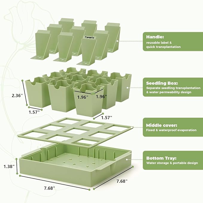 Green Bazzar Seed Starter Tray with Handle, 9 Individual Cells, Reusable Plant Germination Trays with Humidity Lid, Ideal for Germinating Seeds Indoors & Transplanting Outdoors, Durable & Easy to Use-VerdiqueGarden