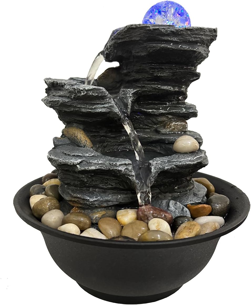 Indoor Tabletop Water Fountain Rotating Ball Rock Waterfall Fountain with Colorful Lights and Natural River Rocks, Zen Meditation for Home Office Decor-VerdiqueGarden