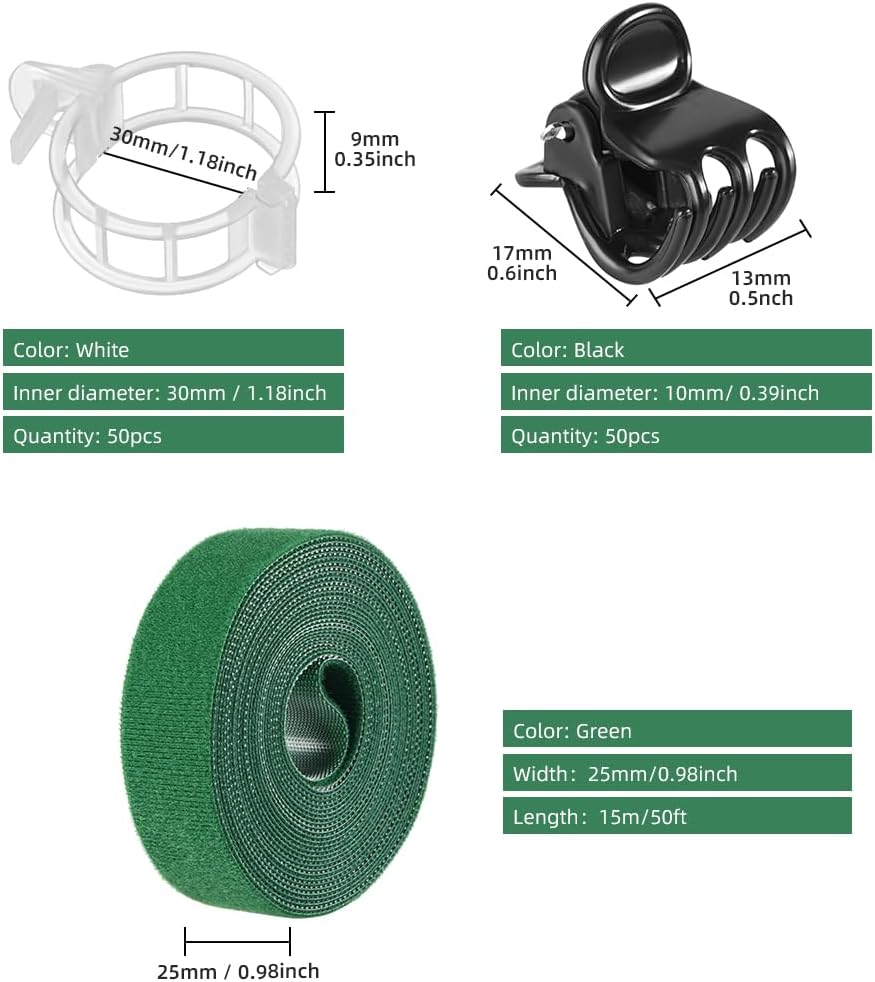 Plant Clips Plant Ties Set, 50 FT Reusable Plant Ties and 100 PCS Support Clips for Climbing Plants Orchid Flower Stems Vines Tomato, Garden Plant Support Cables for Indoor OutdoorPlants-VerdiqueGarden