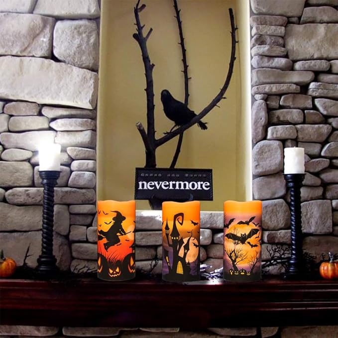 Halloween Real Wax LED Flameless Flickering Candles with 6H Timer, 3 Pcs Pillar Battery Operated Candle Sticks with Halloween Decal for Home Decor(3”x6”)-VerdiqueGarden