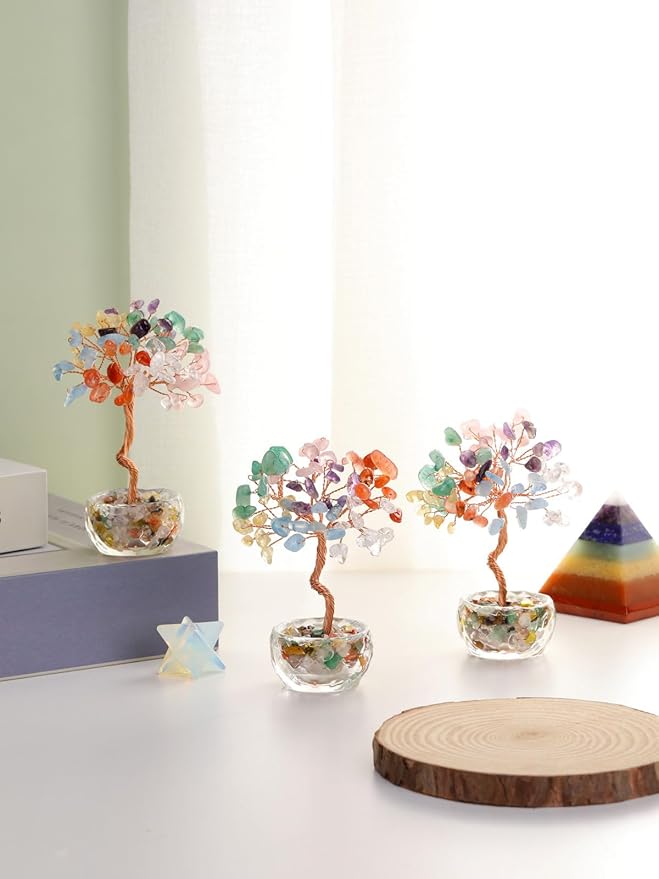 Jovivi Small 7 Chakra Crystals Tree, Natural Crystal Healing Stones Tree Glass Bowl Base Gemstone Money Trees Feng Shui Good Luck Home Desk Decor-VerdiqueGarden