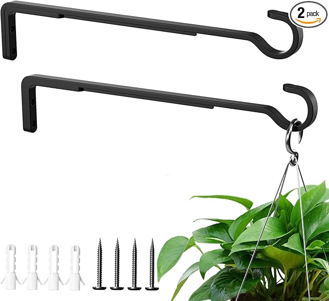 12 Inch Black Heavy Duty Outdoor Plant Hangers for Hanging Baskets, Iron Hanging Plant Brackets for Hanging Plants Outside, Metal Plant Hooks Plant Wall Hooks for Hanging Lantern, Bird Feeder (2 pcs)-VerdiqueGarden