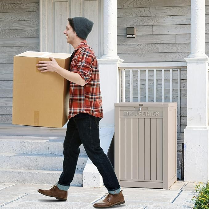 DRATO 48 Gallon Package Delivery Box, Large Lockable Storage Box, Double-Wall Resin Outdoor Package Delivery and Waterproof Deck Box for Porch, Patios-VerdiqueGarden