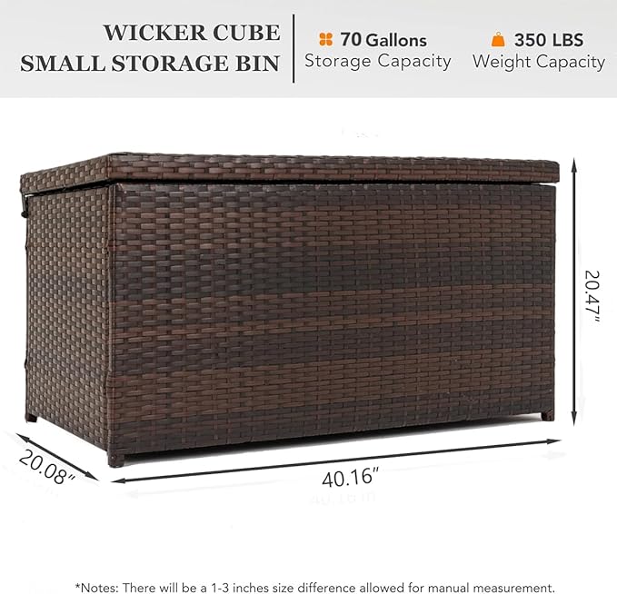 Outdoor 70 Gallon Wicker Storage Box with Waterproof Liner, Patio PE Rattan Storage Container for Outside, Deck Box with Hinged Lid for Cushions, Pillows, Towels, Horizontal Bin, Brown-VerdiqueGarden