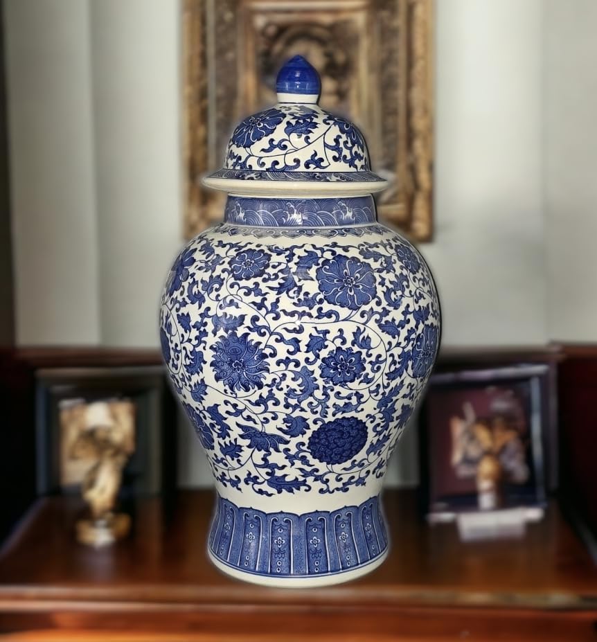 24" Classic Blue and White Floral Porcelain Ceramic Temple Ginger Jar Vase, Large China Qing Style (Blue and White 24-5)-VerdiqueGarden