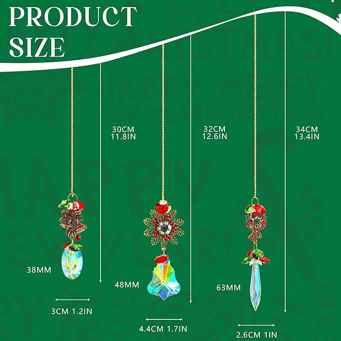 3 Pack Crystal Christmas Ornaments, Glass Rainbow Rhinestones Sun Catcher Prisms with Christmas Wreath Snowflake Bells,Suncatcher Hanging Crystal Pendants for Window Christmas Home Decor-VerdiqueGarden