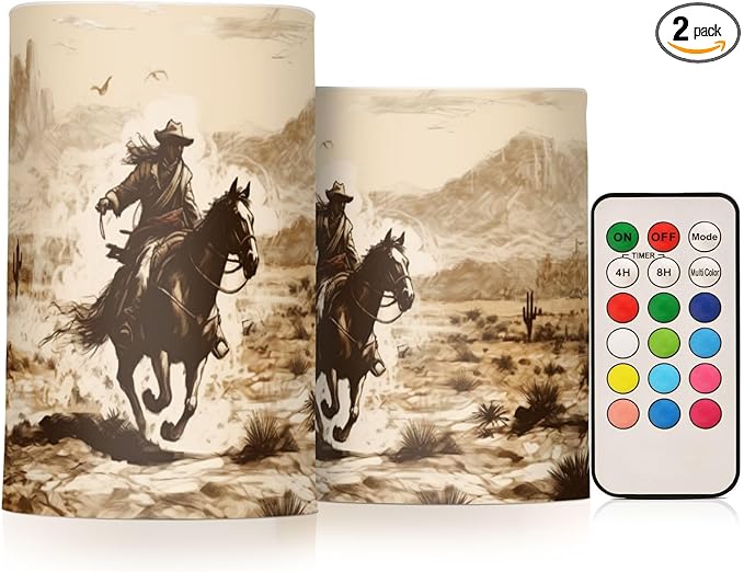 Western Desert Cowboy Flameless Candles with Remote Control and Timer, Adjustable Brightness Long Lasting Battery Operated LED Pillar Candles for Indoor Outdoor Party Home Decor, 2 Pack-VerdiqueGarden
