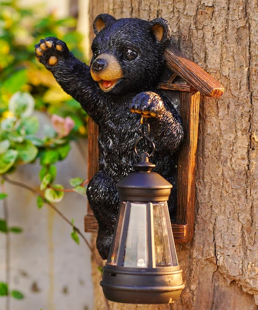 Black Bear Decor with Solar Lantern Tree Hugger - 7 Inch Bear Statue Outdoor Garden Yard Decor,Best Bear Garden Gifts for Mom,Women-VerdiqueGarden