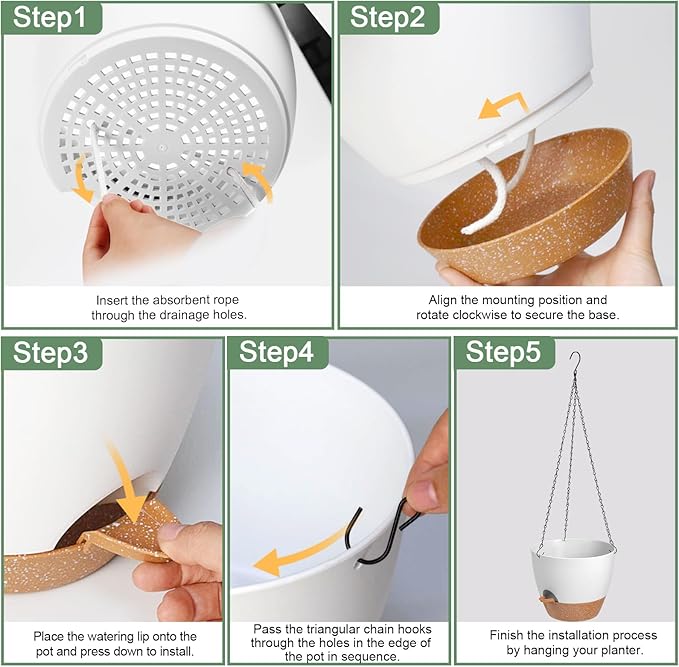 10/9/8 Inch Hanging Planter for Indoor Outdoor Plants, 3 Pack Self-Watering Hanging Pot with Drainage Holes Hanging Planter Baskets Plant Pots with Removable Tray (White+Brown)-VerdiqueGarden