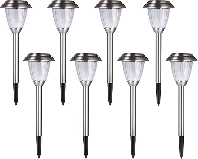 Solar LED Outdoor Lights 8-Pack Stainless Steel Pathway Landscape Lights for Outdoor Path Patio Yard Deck Driveway and Garden, (Silver)-VerdiqueGarden