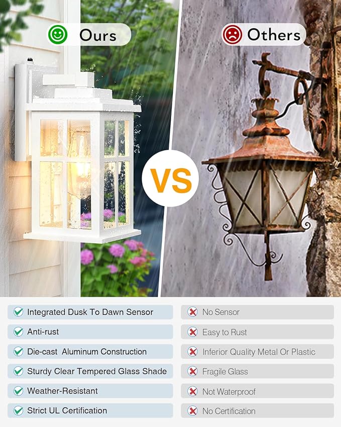White Outdoor Light Fixture, 2 Pack Dusk to Dawn Exterior Lighting Fixtures, Anti-Rust Porch Lights, Dusk to Dawn Outdoor Lighting for House, Garage, Garden, Entryway, Doorway-VerdiqueGarden