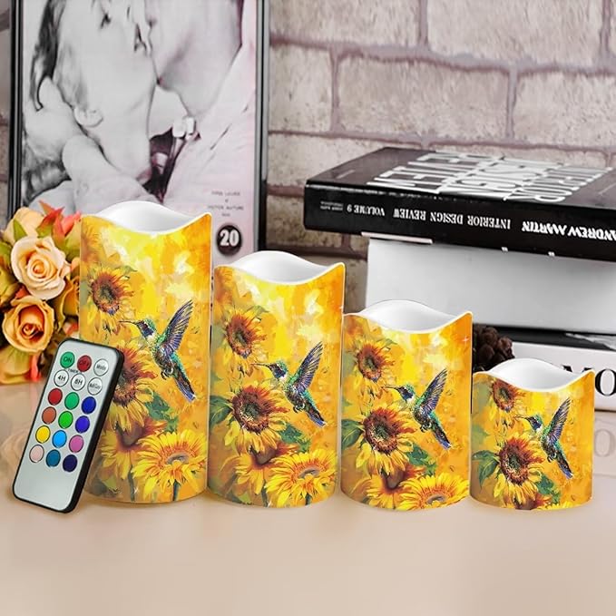 Ystardream Flameless Candle Valentine Candles Hummingbird Unity Candles for Wedding Ceremony Set with Remote and Timer Battery Operated Realistic LED Window Candles Dinner Wedding Sunflower Print-VerdiqueGarden