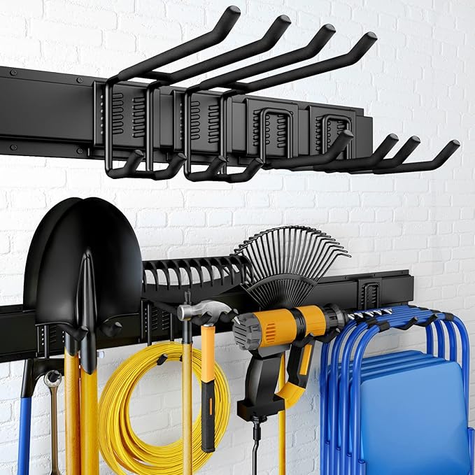32 Inches Garage Storage, Garage Organization, Wall Mount Garden Tool Organizer, Max 300lbs Adjustable Metal Hooks, Yard Shed Hanging Rack, Heavy Duty Shelving for Rake Broom Mop Snowboard-VerdiqueGarden