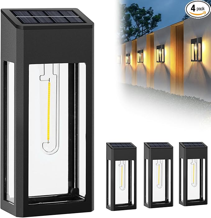 GOODFOEVER Solar Outdoor Lights Waterproof, 4 Pack Fence Lights Solar Powered with LED Bulbs, Metal Wall Lights for Garden Porch Patio Yard and Garage, Aluminum and Glass Shade (Wall Light 4 Pack)-VerdiqueGarden