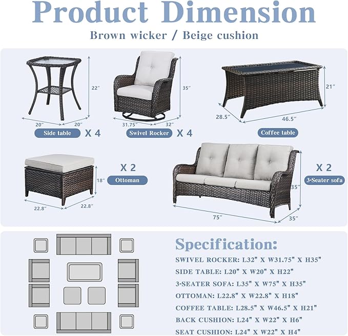 Wicker Patio Furniture Sets - 13 Piece Outdoor Rattan Furniture Conversation Sets with 4 Swivel Rocker Chairs, 2 Rattan Sofas, Wicker Ottomans and Coffee Table, Brown/Beige-VerdiqueGarden