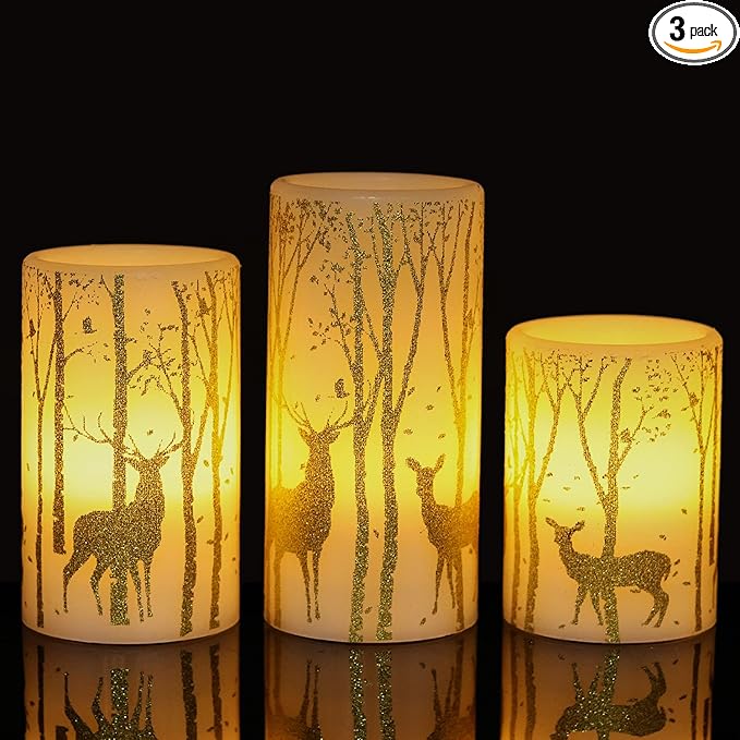 Gold Deer Flameless Candles with 6H Timer, Set of 3 Real Wax LED Flickering Candles, Christmas Pillar Candles with Gold Elk Decor for Home Party Decorations(H6 x D3)-VerdiqueGarden