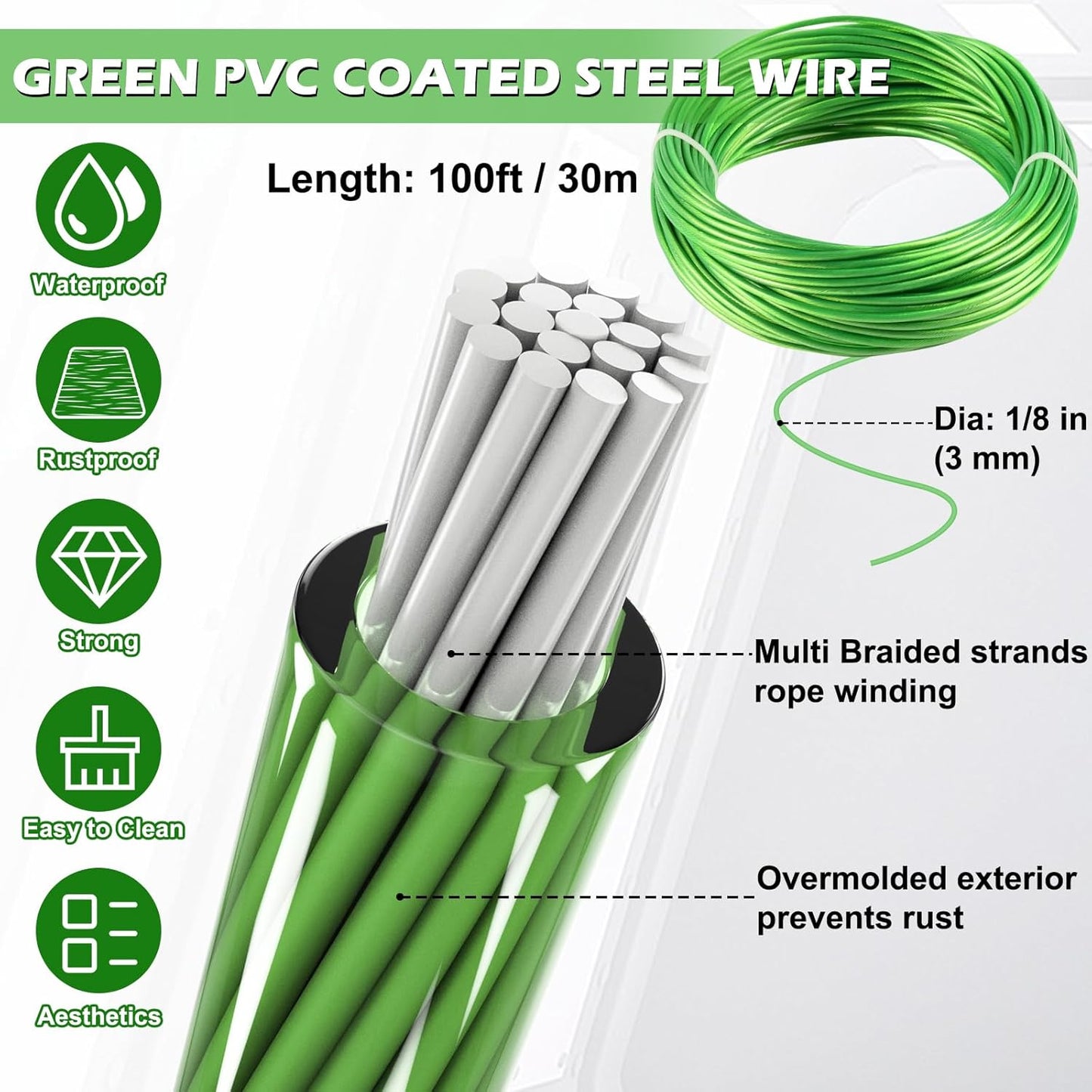 Turnbuckles for Cables Wire, 1/8" X 100Ft Green PVC Coated Wire Rope Kit, Multi-use Steel Cable for Grape Vines/Clothes Line Outdoors for T Post/String Light Hanging/Garden Cable-VerdiqueGarden