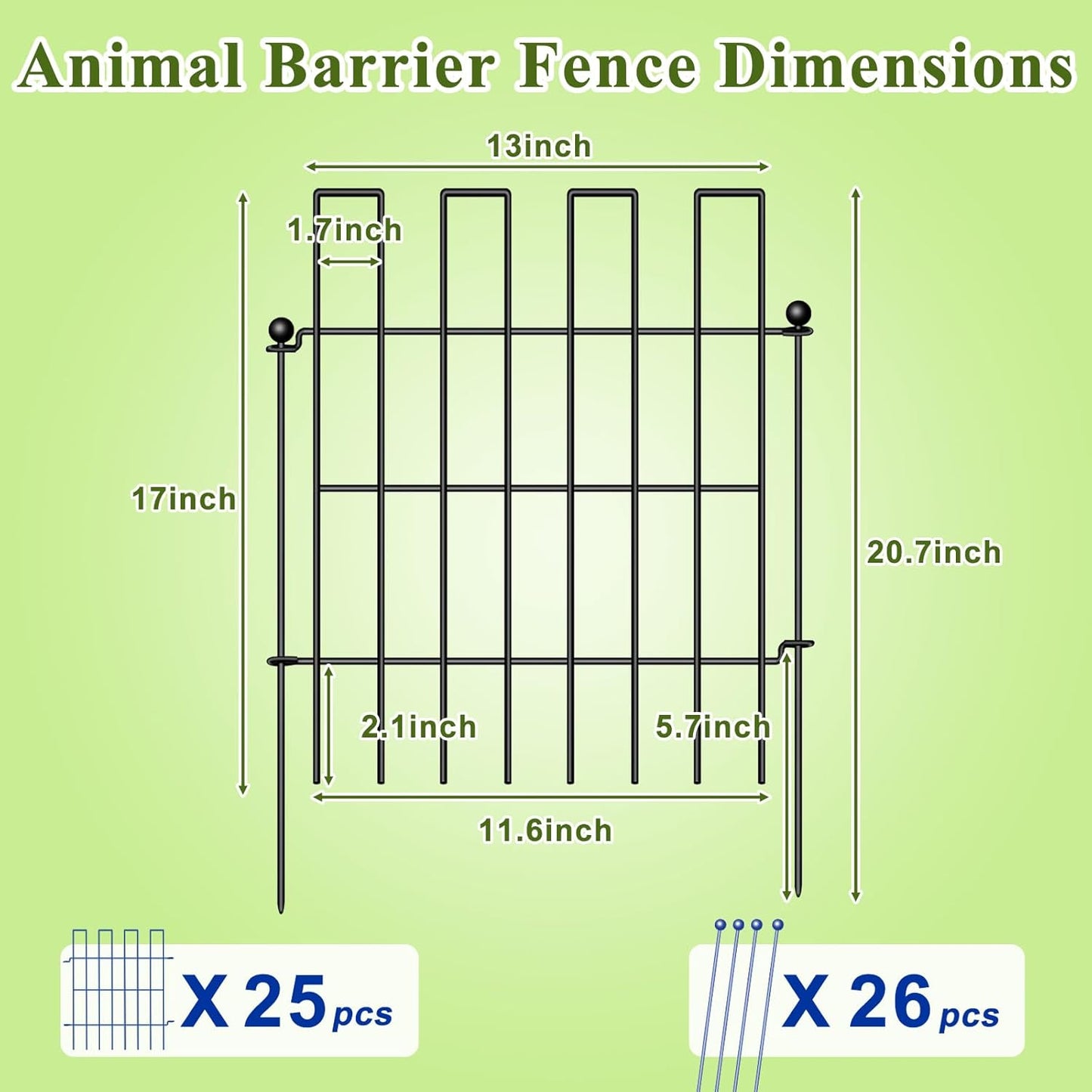 Animal Barrier Fence, 25 Panels Garden Fence Animal Barrier, 27 ft(L)×17 in(H), No Dig Fences for Dogs and Rabbits, Rustproof Metal Garden Fencing, Under Fences Border Barrier for Outdoor, Yard, Patio-VerdiqueGarden