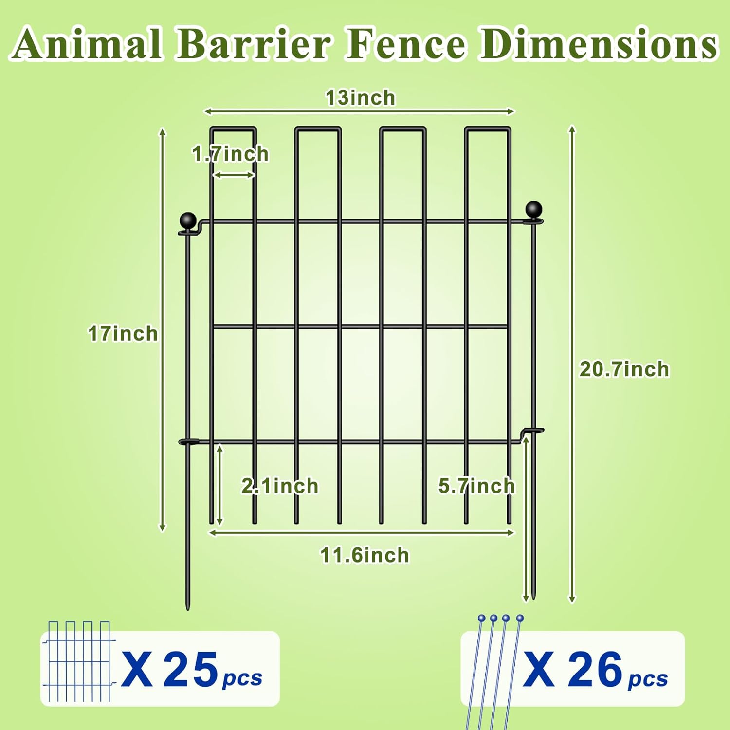 Animal Barrier Fence, 25 Panels Garden Fence Animal Barrier, 27 ft(L)×17 in(H), No Dig Fences for Dogs and Rabbits, Rustproof Metal Garden Fencing, Under Fences Border Barrier for Outdoor, Yard, Patio-VerdiqueGarden