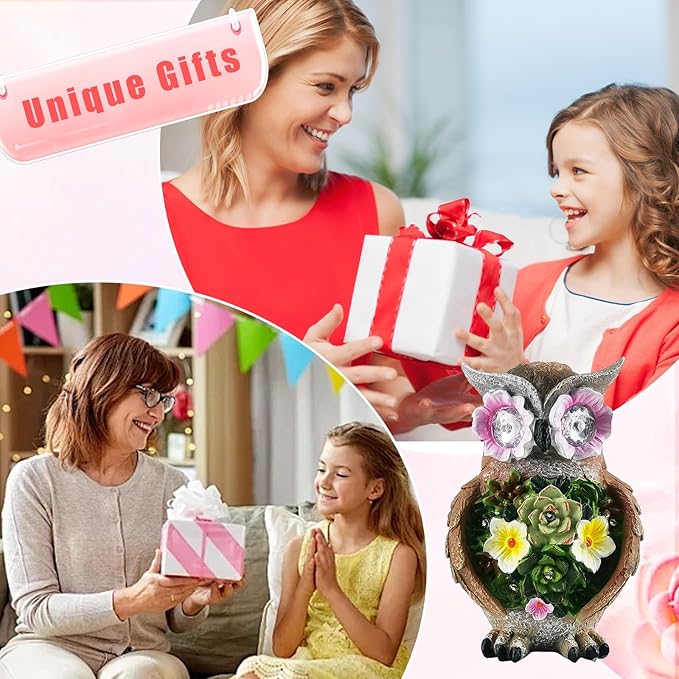 Owl Garden Statue,Solar Garden Statues with Flower LED Lights, Resin Owl Figurine for Lawn Patio Porch Yard Deco Gifts for Women/Mom/Grandma-VerdiqueGarden