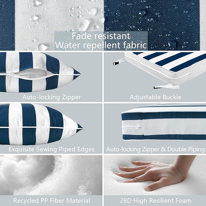 LVTXIII Outdoor/Indoor Deep Seat Cushion Patio Seat and Back Cushion Set All-Weather Replacement Chair Cushion for Garden Furniture Decoration, 24"x24"x4", Cabana Navy-VerdiqueGarden