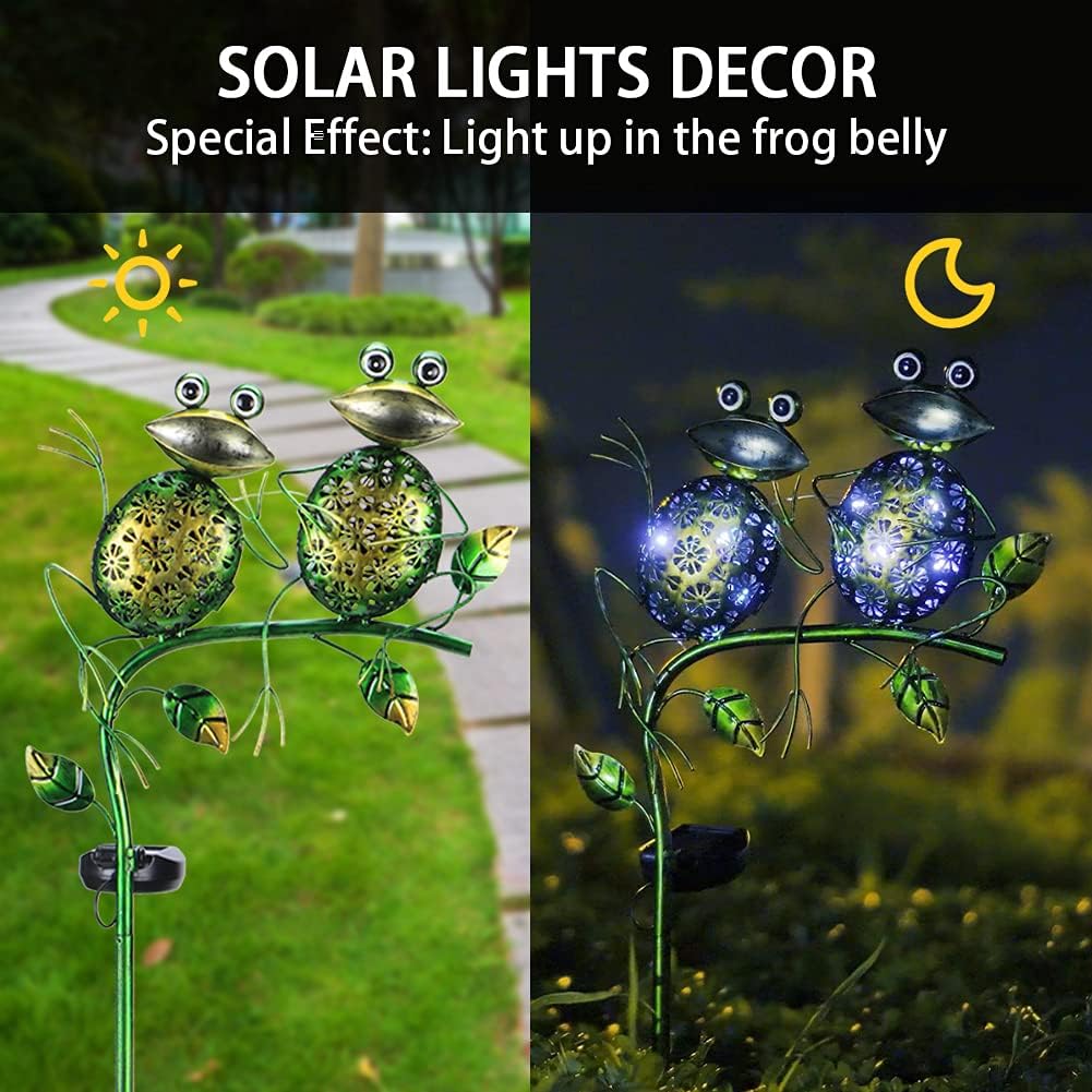 Afirst Solar Lights Outdoor Decorative Metal Sitting Frogs Hollow Out White LED Metal Waterproof Garden Stake Lights for Walkway Pathway Lawn Patio Yard Decorations-VerdiqueGarden
