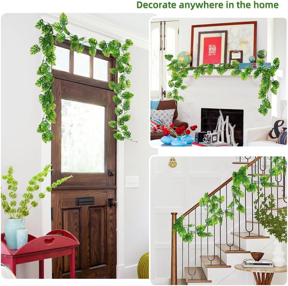 RECUTMS Artificial Monstera Leaves Vines 2Pcs 5.9Ft Fake Tropical Large Palm Leaf Greenery Garland UV Resistant Faux Ivy Rattan for Indoor Outdoor Home Garden Hawaiian Jungle Luau Party Spring Décor-VerdiqueGarden