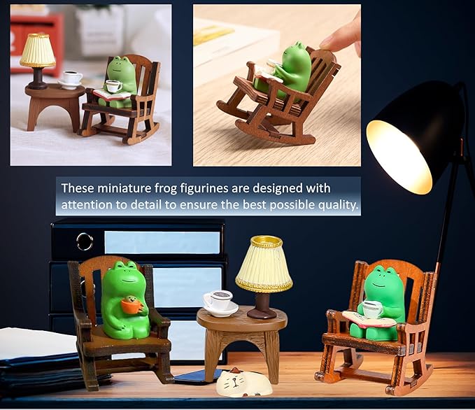 7 Pcs Cute Frog Rocking Chair Set with Miniature Frog Figurines, Mini cat, and Whimsical Trinkets - Versatile Decor for Office, Home, Yard, Patio, and Lawn-VerdiqueGarden
