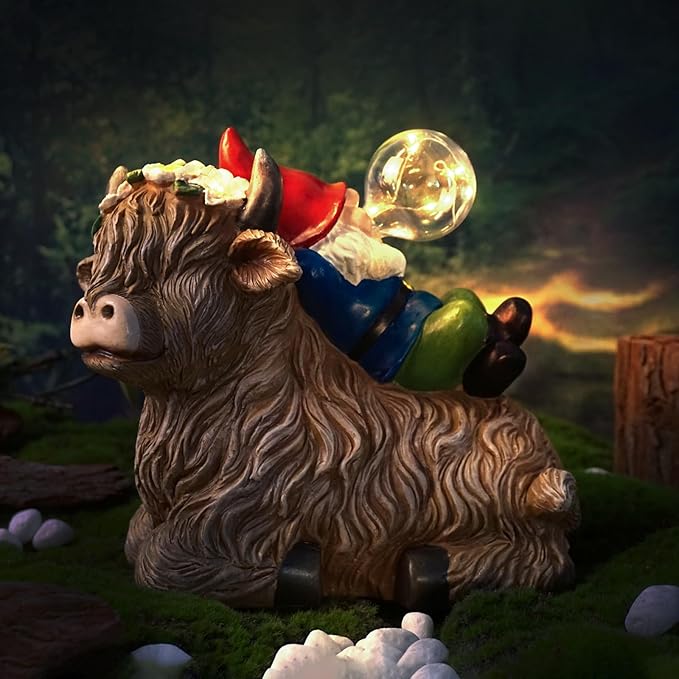 Solar Highland Cow Gnome Garden Decor Statue, Outdoor Funny Solar Light Decoration for Yard, Patio, Lawn, Unique Housewarming, Birthday Gift for Women, Mom, Grandma-VerdiqueGarden