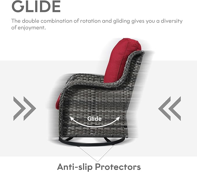 5 Piece Outdoor Patio Furniture Set - Wicker Furniture Patio Conversation Set, Outdoor Swivel Rocker Chairs with 3-Seater Sofa and 2 Ottomans for Small Space, Red Cushion-VerdiqueGarden