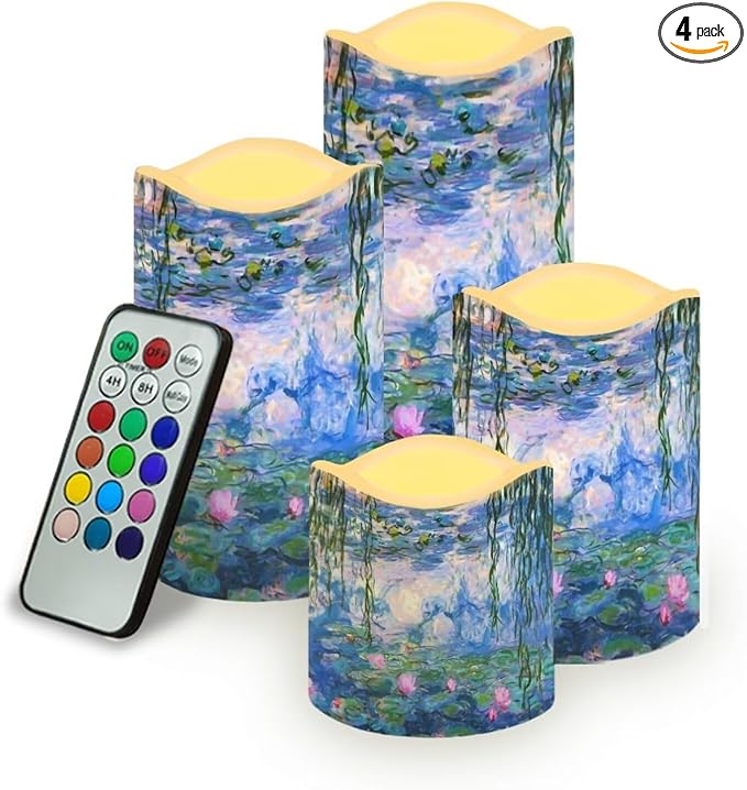 Ystardream Monet's Water Lily Flameless Candles with Timer Led Candles Flickering 4 Candle Sets for Home Decor,18 Key Remote Control，Dancing Flame, True Wax, Battery Powered.-VerdiqueGarden