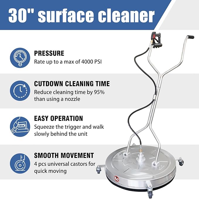 JANZ 30'' Pressure Washer Surface Cleaner with 4 Wheels,Dual Handle,Stainless Steel Housing, 2 Hose Adapters and 4 Replacement Nozzle Cores,Ideal for Driveways, Sidewalks,Patios,Decks Cleaning-VerdiqueGarden