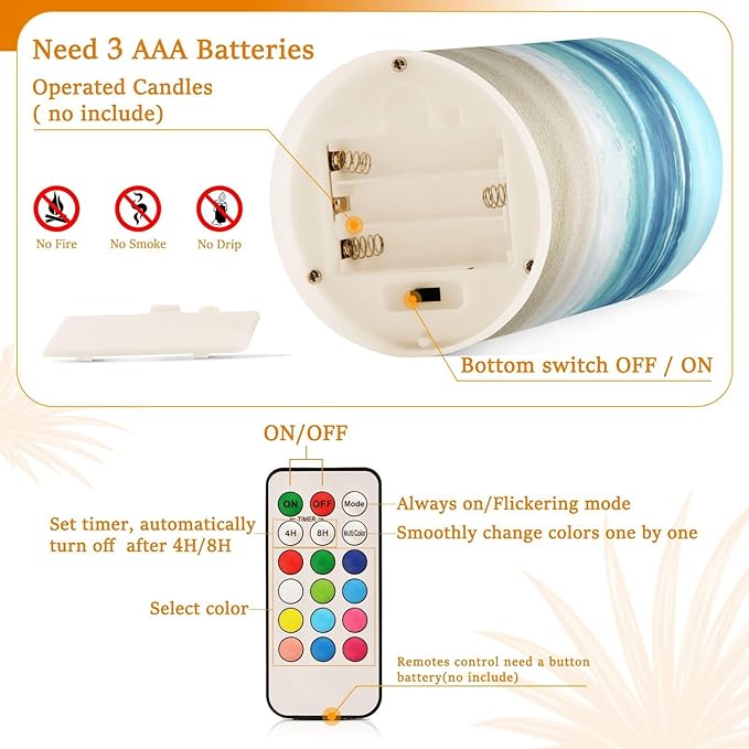 Flickering Flameless Candles, Shells Summer Sandy Beach LED Candles with Remote Timer, Set of 2 Battery Operated Candle for Valentine Wedding Birthday-VerdiqueGarden