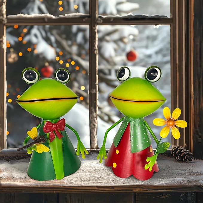 HONGLAND Frog Metal Yard Art - Cute Frogs Garden Decor for Outside - 3D Frog Figurines Outdoor Statues for Lawn Patio Pathway Yard Holiday (with Flower)-VerdiqueGarden