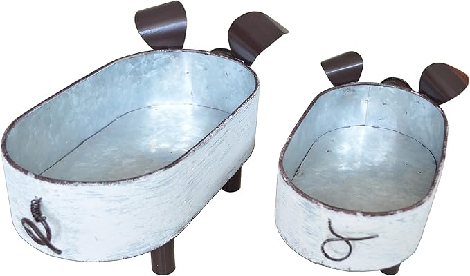 Galvanized Metal White Washed Farmhouse Pig Tray Distressed Pig Tabletop Centerpiece Décor Set of 2-VerdiqueGarden
