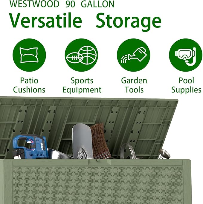 Outdoor Storage Box, 90 Gallon Deck Box, Waterproof Resin Storage Bin for Patio Cushions, Gardening Tools, Lockable, UV Resistant,Olive Green-VerdiqueGarden