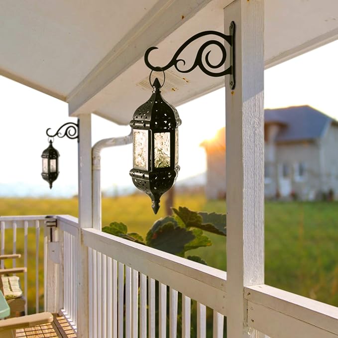 2 Pcs 8-Inch Outdoor Decorative Wall Hanging Lantern Plant Hooks, Iron Wall Hangers for Hummingbird Feeder Planter, Black-VerdiqueGarden